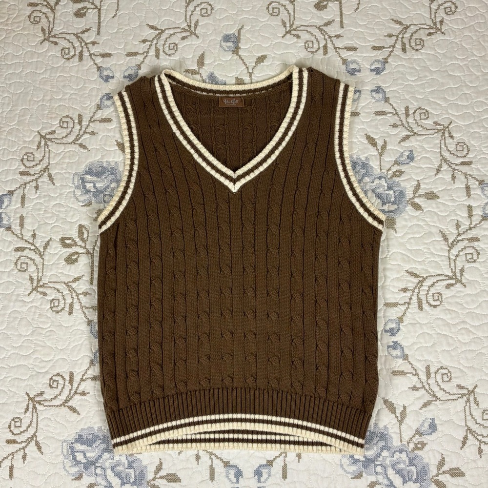 John Galt Sweater Vest Womens One Size Brown Excellent Cable Knit Preppy